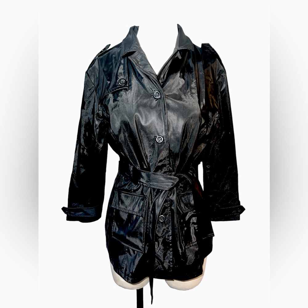 OUTBROOK | WOMENS BLACK POLYVINYL BELTED  BUTTON CLOSURE RAIN COAT SZ 10/12